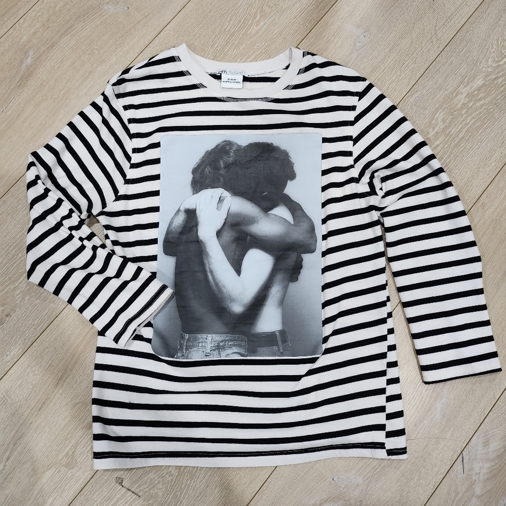 Zara Black and White Striped Long Sleeve Tee with Photo Print